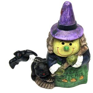 Best Witches Vintage Halloween Ceramic 6" Witch Figurine with Cat, Flying Bat